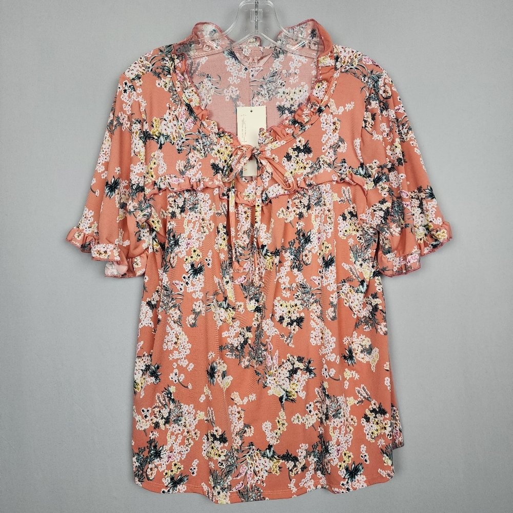 Amana Peach Floral Shirt Flowy Sz XL
